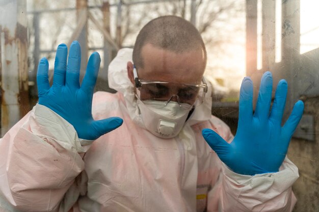 Photo close-up d'un homme portant une combinaison de protection faisant des gestes à l'extérieur