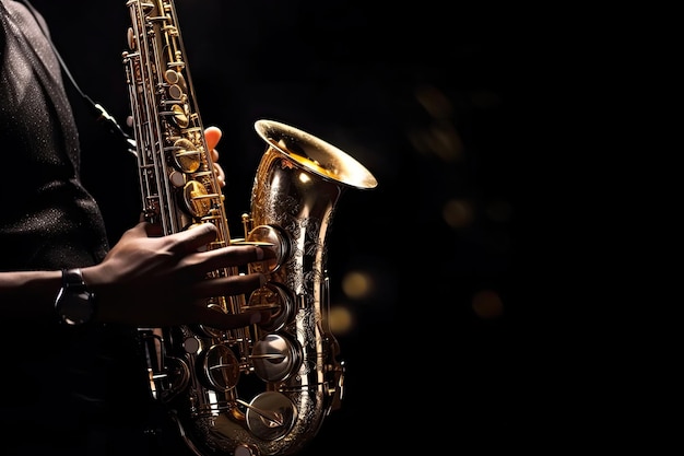 Close-up d'un homme avec un saxophone sur un fond sombre AI générative