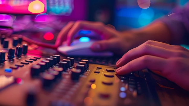 Close-up d'un ingénieur du son travaillant sur un bureau de mixage dans une boîte de nuit