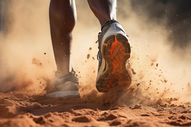 Close-up de jambes masculines courant dans le sable pendant un parcours d'obstacles dans le camp d'entraînement Vue arrière close-up chaussure de sport d'un coureur courant sur un sentier avec de la poussière AI généré