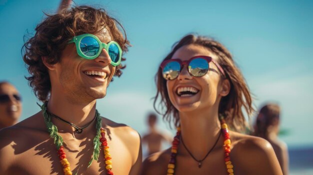 Close-up d'un jeune couple aux cheveux clairs et aux yeux bleus se souriant généré par l'IA