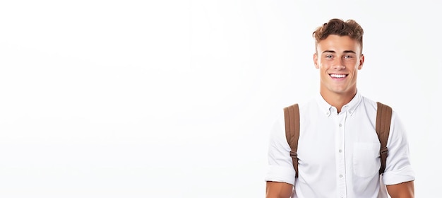 Close-up d'un jeune étudiant souriant en uniforme à fond blanc isolé