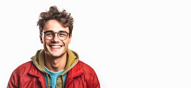 Close-up d'un jeune étudiant souriant en uniforme à fond blanc isolé