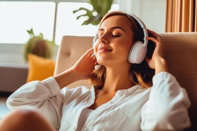 Close-up d'une jeune femme heureuse portant des écouteurs appréciant la musique AI Generative