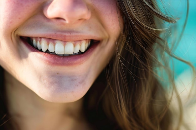 Close-up d'une jeune femme souriante aux dents blanches sur la plage