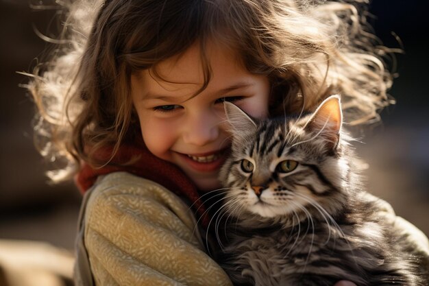 Close-up d'une jeune fille en train d'embrasser son chat au fond du style bokeh