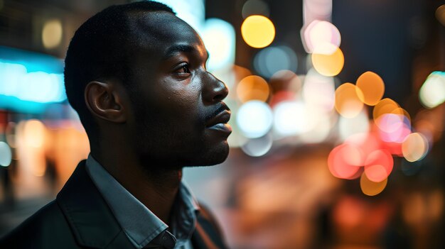 Close-up d'un jeune homme d'affaires afro-américain prospère regardant la ville de nuit avec une lumière cinématographique professionnelle