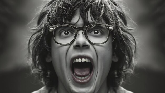 Close-up d'un jeune homme avec des lunettes qui hurle