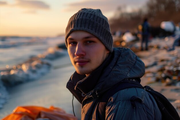 Photo close-up d'un jeune volontaire réfléchi nettoyant la plage au coucher du soleil en regardant la caméra en haut