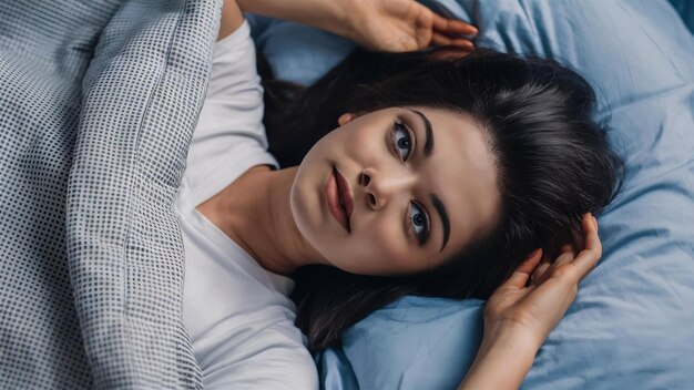 Photo close-up d'une jolie jeune femme allongée dans un lit couvert d'une couverture