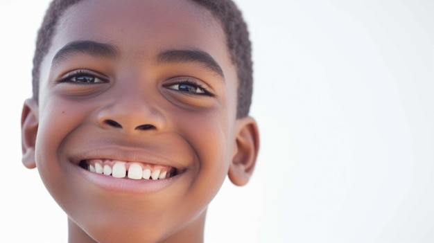 Photo close-up d'un joyeux garçon africain souriant brillamment à l'extérieur