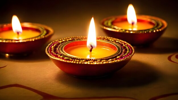 Close-up des lampes de diwali brûlantes sur le coloré rangoli fête indienne traditionnelle hindoue