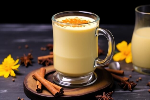 Close-up d'un latte au curcuma avec de l'anis étoilé flottant sur la mousse