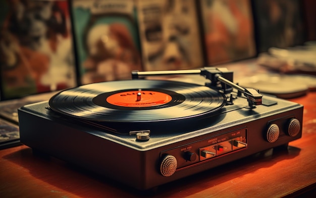 Photo close-up d'un lecteur de disques vintage sur la table dans le style des années 70