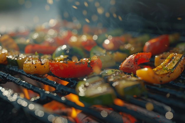 Close-up de légumes cuisinés sur un gril de barbecue