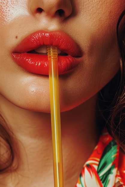 Close-up des lèvres d'une femme buvant avec une sueur de paille sur la peau