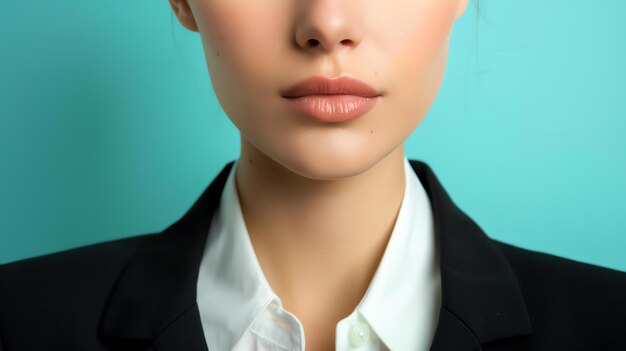 Close-up des lèvres d'une jeune femme Elle porte une chemise blanche et une veste noire Ses lèvres sont légèrement séparées et elle regarde la caméra
