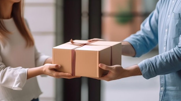 Close-up d'un livreur livrant une boîte à colis au client générée par l'IA