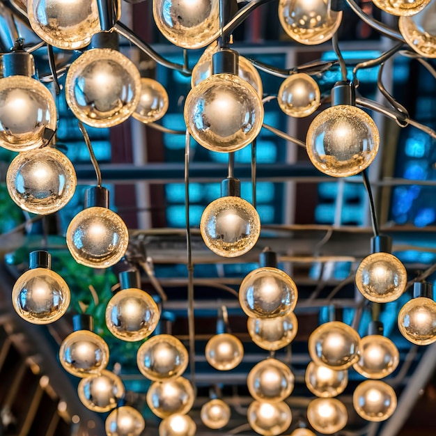 Photo close-up d'un lustre futuriste avec des boules brillantes et des ampoules rondes qui brillent vivement