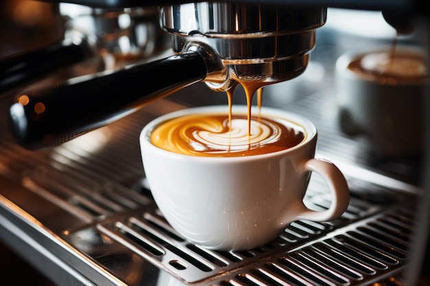 Close-up d'une machine à cappuccino professionnelle brassant du café en mousse dans une tasse blanche