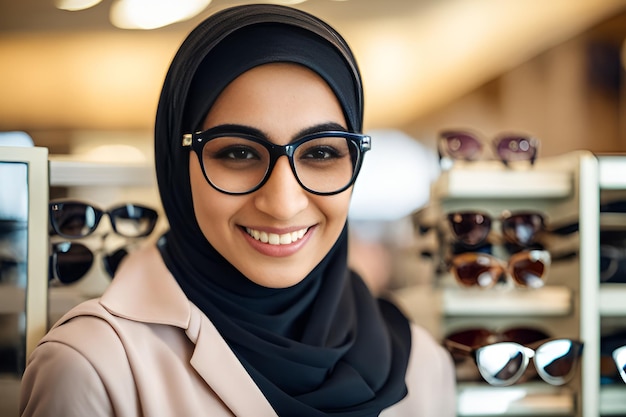Close-up d'une magnifique jeune arabe avec un hijab femme souriante tout en choisissant des lunettes chez un opticien dans un centre commercial heureuse belle femme achetant des lunettes
