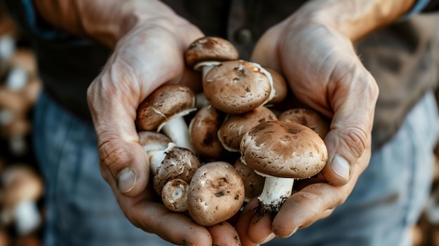 Close-up d'une main d'agriculteur tenant des champignons frais générés par l'intelligence artificielle