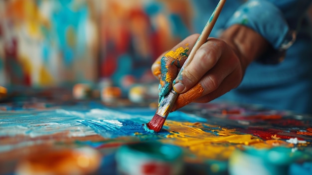 Close-up de la main d'un artiste appliquant habilement une peinture vibrante sur une toile colorée Art-thérapie