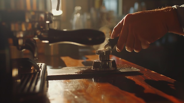 Close-up de la main Barista café faisant du café avec des presses manuelles café moulu en utilisant t IA générative