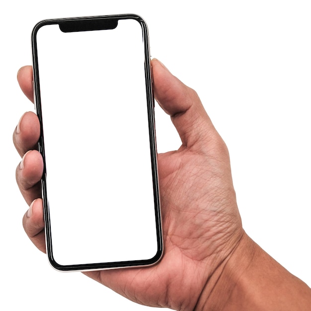 Close-up d'une main coupée tenant un téléphone portable sur un fond blanc