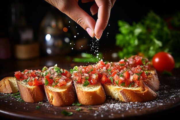 Close-up d'une main d'homme sautant des noix de pin grillées sur des bruschettes de tomates séchées au soleil