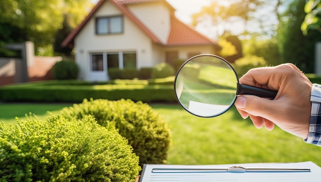 Close-up de la main d'un homme tenant une loupe et regardant une maison