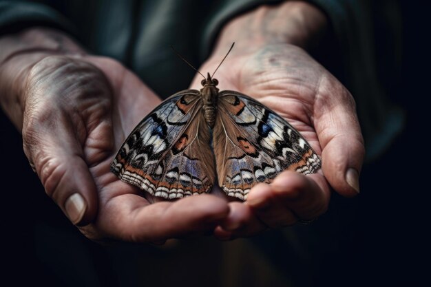 Close-up d'une main inconnue tenant un papillon créé avec l'AI générative