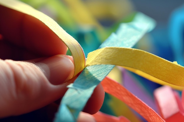 Photo close-up d'une main d'une personne déchirant des bandes de papier crêpe de couleurs vives
