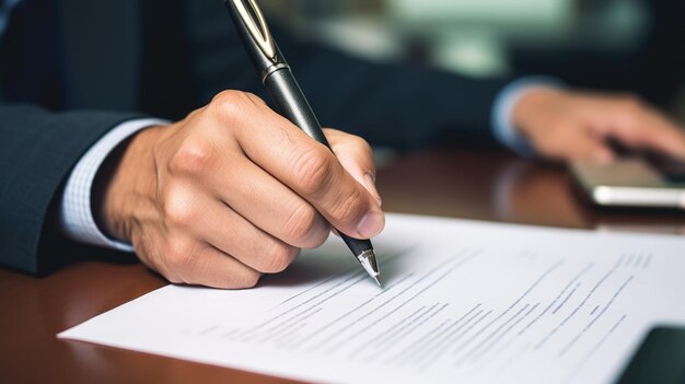 Close-up de la main d'une personne tenant un stylo et signant un document suggérant un accord commercial ou juridique