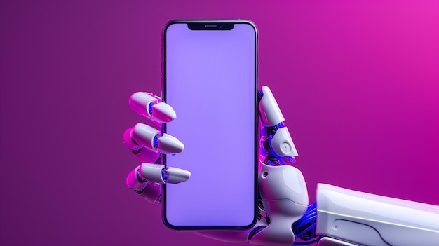 Photo close-up d'une main de robot futuriste tenant un smartphone avec un écran vide et un téléphone portable avec un espace vide