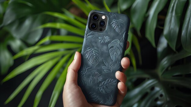 Close-up d'une main tenant un smartphone avec un motif de feuille verte Le fond est flou et contient des feuilles tropicales