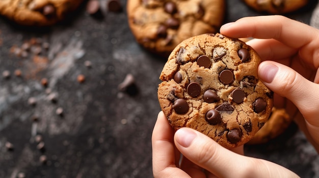 Close-up de mains brisant un biscuit au chocolat avec des miettes et des morceaux autour