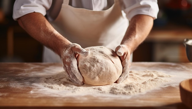 Close-up avec les mains du boulanger en train de pétrir et de préparer la pâte pour les produits de boulangerie
