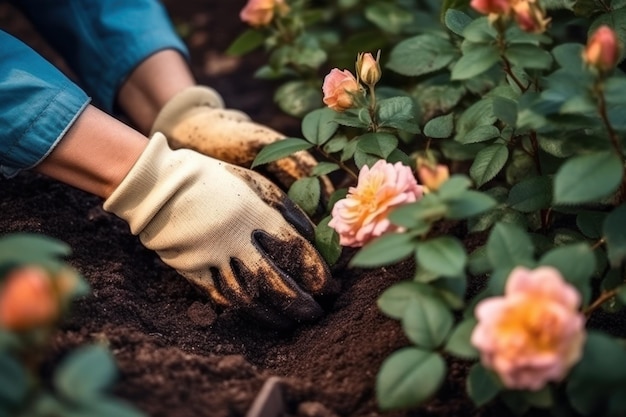 Close-up des mains du jardinier plantant des roses dans le jardin