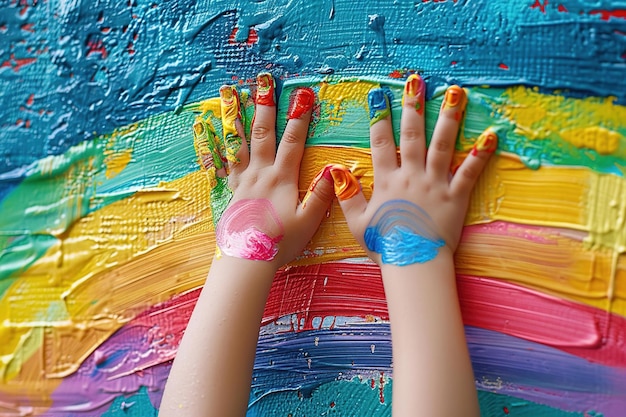 Photo close-up des mains des enfants peignant avec leurs doigts avec de la peinture brillante sur le mur