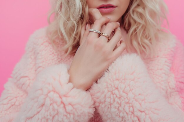 Close-up de mains féminines avec des anneaux de couleurs rose clair