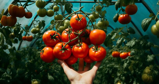 Close-up de mains féminines qui cueillent des tomates rouges mûres dans la serre