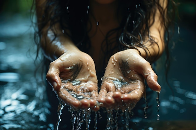 Photo close-up mains féminines sous le flux d'eau respire concept de soins de la peau ia générative