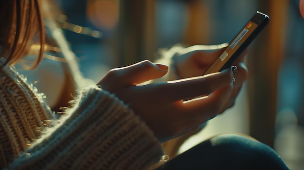 Close up mains féminines tenant carte de crédit et smartphone jeune femme payant en ligne u IA générative