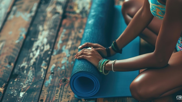 Photo close-up des mains de la femme roulant son tapis de yoga bleu sur le sol en bois