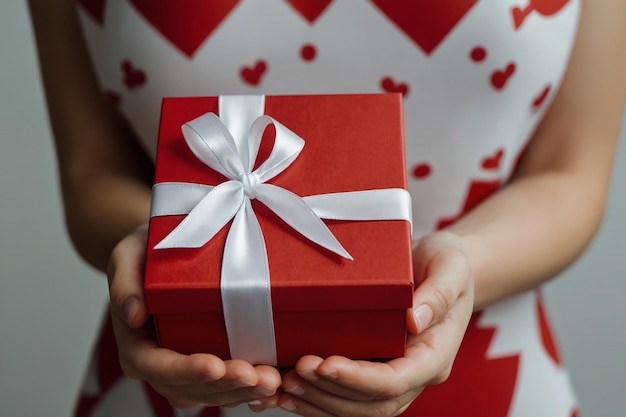 Close-up des mains d'une femme tenant une boîte cadeau rouge avec un ruban blanc