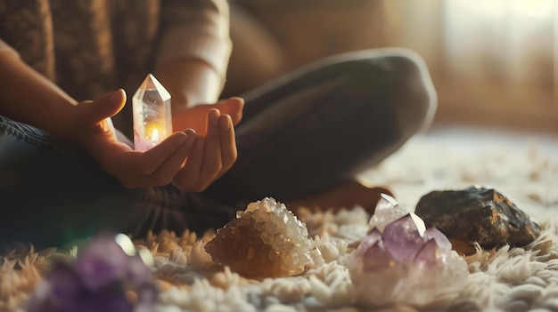 Photo close-up des mains d'une femme tenant un cristal brillant elle est entourée d'autres cristaux et pierres précieuses le fond est doux et flou