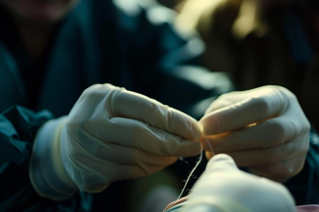 Close-up de mains gantées attachant une suture avec un chirurgien et un patient flou