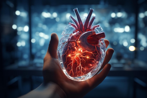 Close-up de mains humaines tenant un grand modèle 3D détaillé du cœur avec des vaisseaux sanguins et des veines Mode de vie sain Prévention des maladies cardiaques Surveillance cardiaque Prendre soin de votre santé