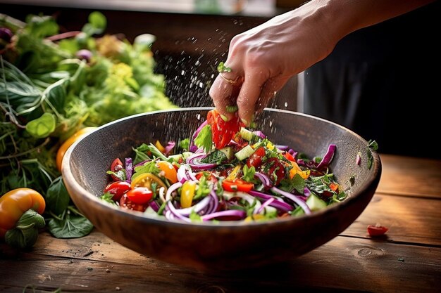 Close-up de mains jetant une salade dans un bol rustique